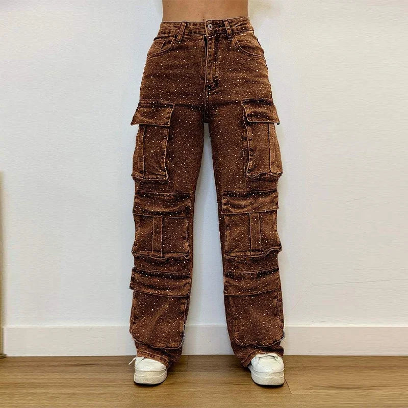 Rhinestones Jeans Women Multiple Pockets High Waist Pants