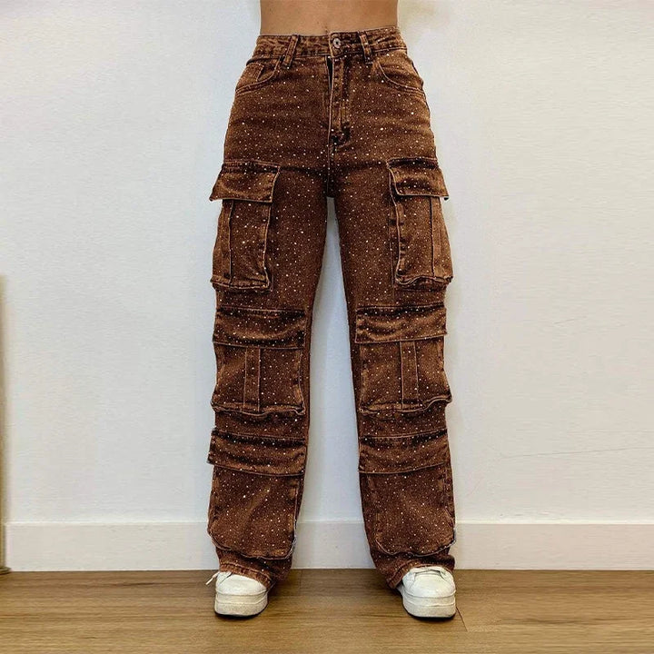 Rhinestones Jeans Women Multiple Pockets High Waist Pants