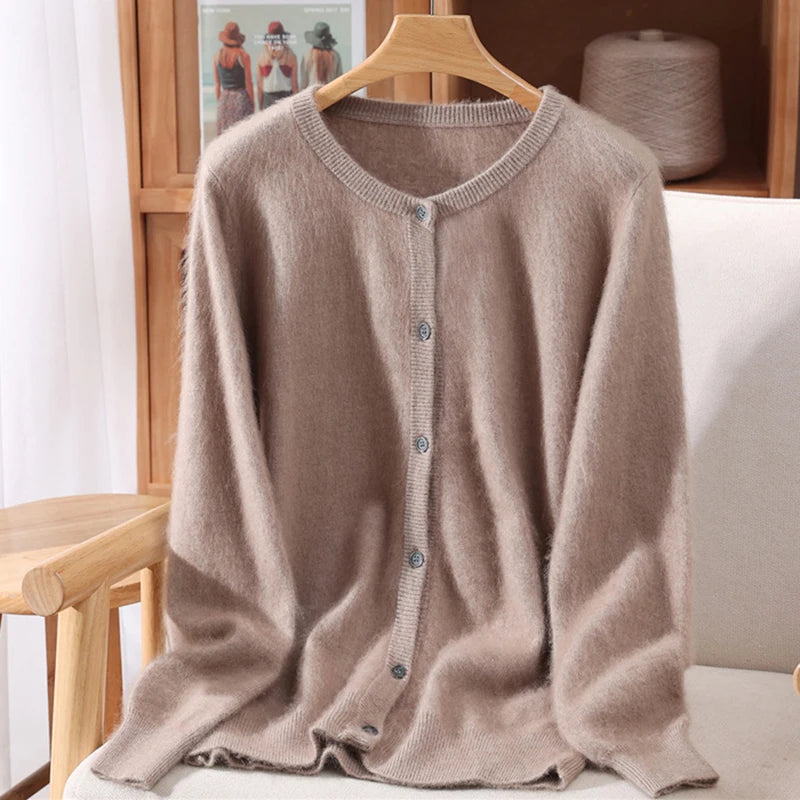 New Women 100% Mink Cashmere Sweater O-Neck Buttons Cardigan Autumn Winter Soft Warm Cable Kint Sweater Casual Long  Sleeve Tops