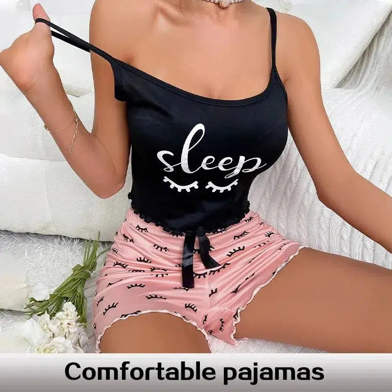 Summer New Two-Piece Printed Eyelash Style Casual V-Neck Pajama Set-clothing-Bennys Beauty World