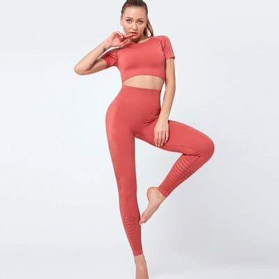2/PCS Seamless Women Yoga Set Long Sleeve Crop Top + High Waist