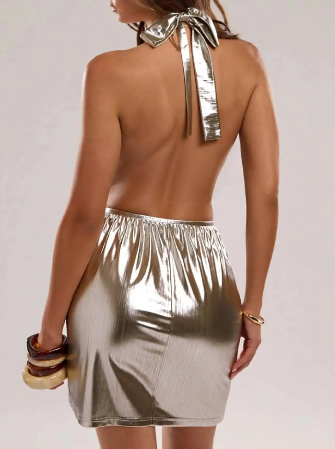 Metallic Halter Twist-Front Bodycon Mini Dress
