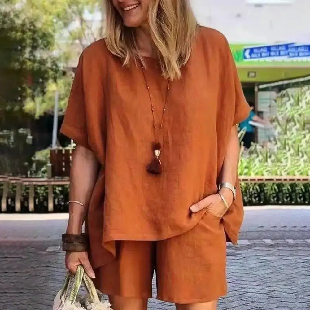 Summer Casual 2 Piece Sets Women's Short Sleeve Loose Shirt Tops + Shorts