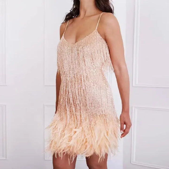 Tassel Sequins Feather Mini Party Dress For Women-Dresses-Bennys Beauty World