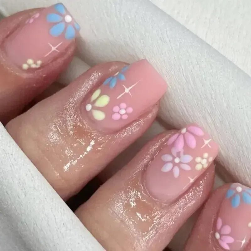 Short Square French Flower Press - On Nails 24 Pcs - Bennys Beauty World