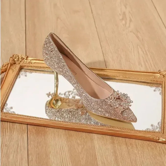 Women's Crystal Sequin Pointed Toe Pumps | Gold & Silver Heels-Shoes-Bennys Beauty World