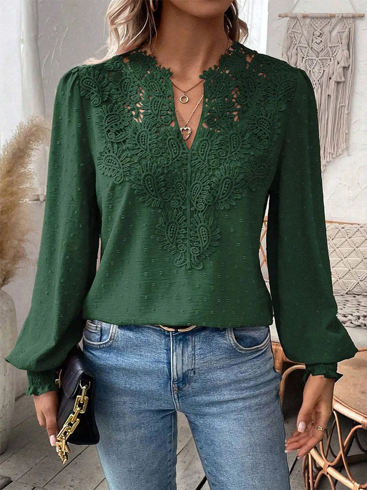 Women's Elegant V-Neck Lace Blouse – Long Sleeve Hollow Out Blouse