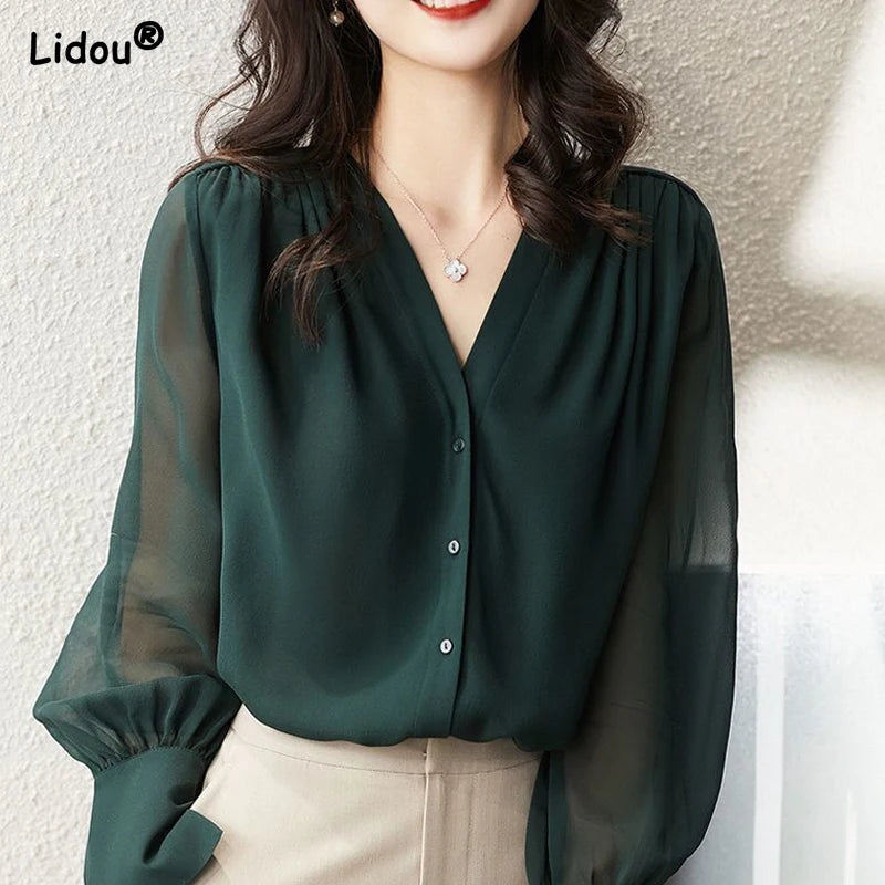 Chiffon V-Neck Blouse | Loose Fit Long Sleeve