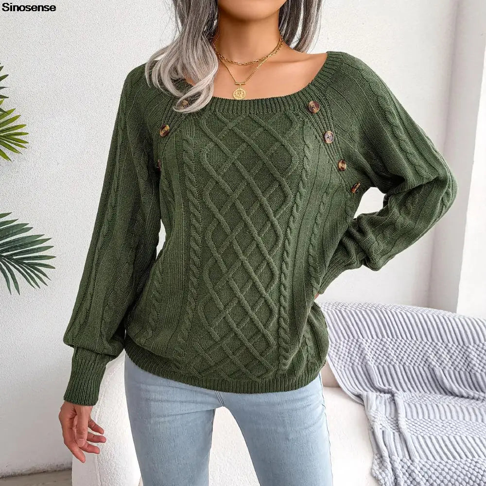 Womens Autumn Winter Cable Knit Sweater Solid Color Square Neck Buttons Long Sleeve Ribbed Knitted Pullover Loose Jumpers Tops