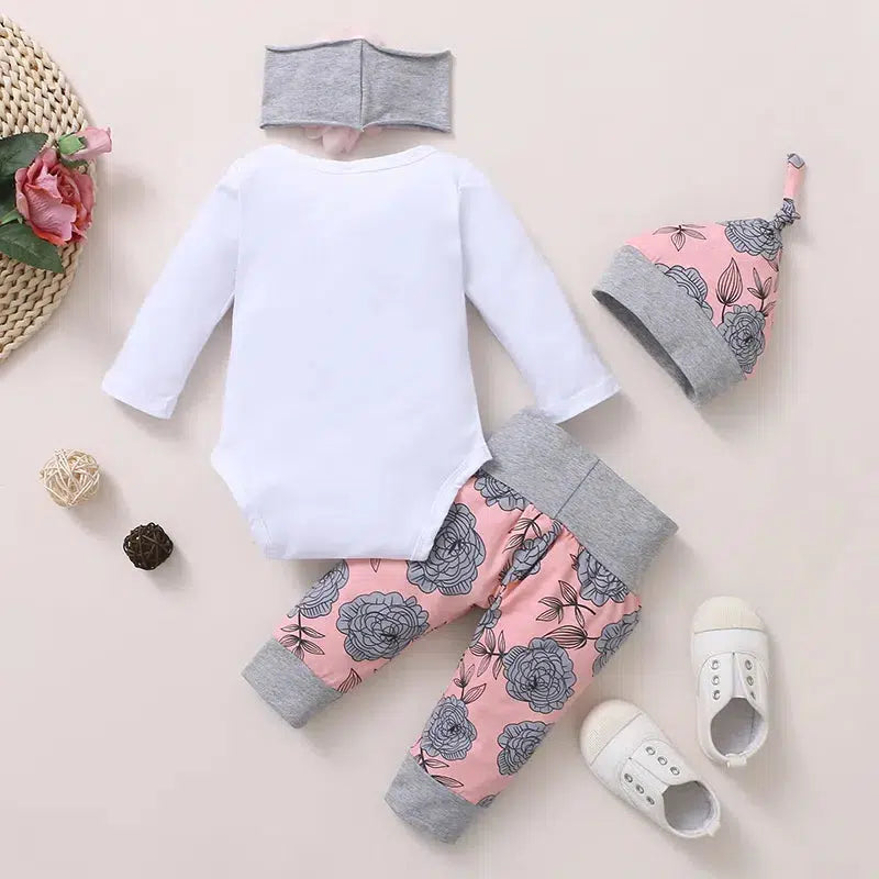 Baby Girl Clothing Long Sleeve Romper Rose Pant with Hat & Headband