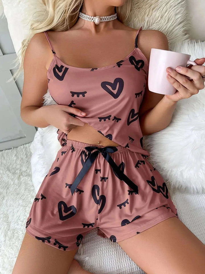 1 Set Soft Heart Print Pajama Set Casual Sleeveless Loungewear & Sleepwear-Dresses-Bennys Beauty World