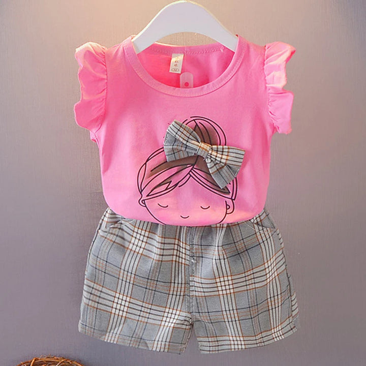 Girls Ruffle Sleeve Bow T-Shirt &amp; Plaid Shorts Set | 2-Piece Summer Outfit | Ages 2–7