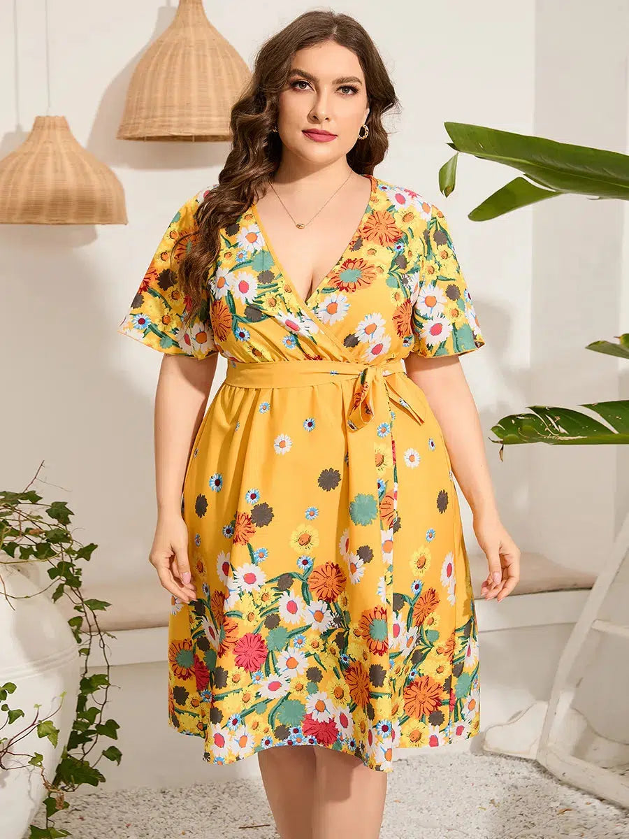 Midi Dress For Women Summer V Neck Floral Print Dress-Dresses-Bennys Beauty World