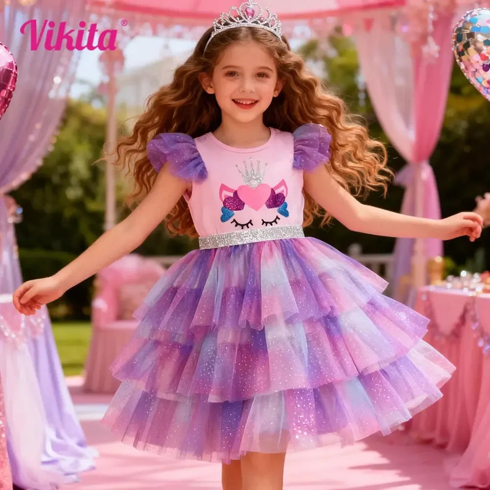 Girls Unicorn Tulle Party Dress – Fluffy Layered Glitter Ball Gown for Toddlers & Kids-Baby & Toddler Dresses-Bennys Beauty World