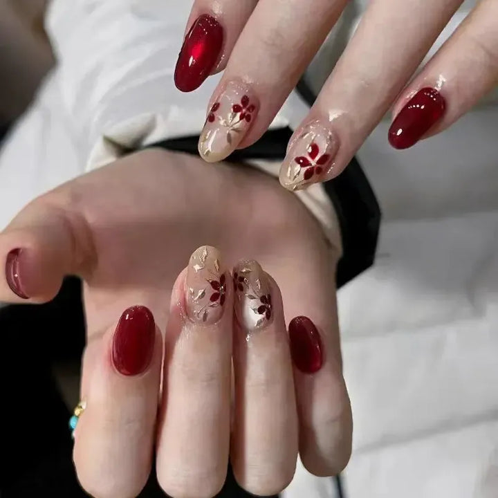 Almond Press-On Nails – 24 Pcs Flower Pattern False Nails | Bennys Beauty World-Nails-Bennys Beauty World