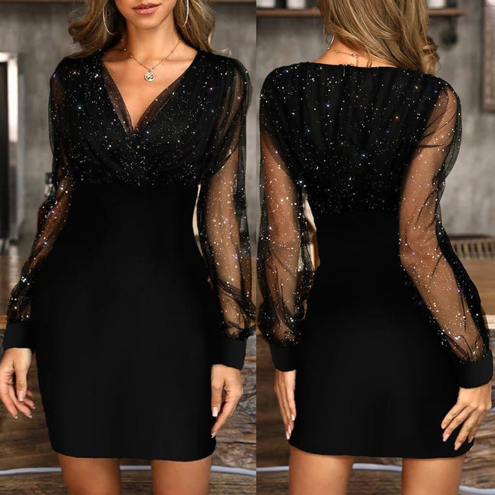 Sequin Dress Women's Ladies Fashion Sexy Mesh V-neck Casual Mini Dress BENNYS 