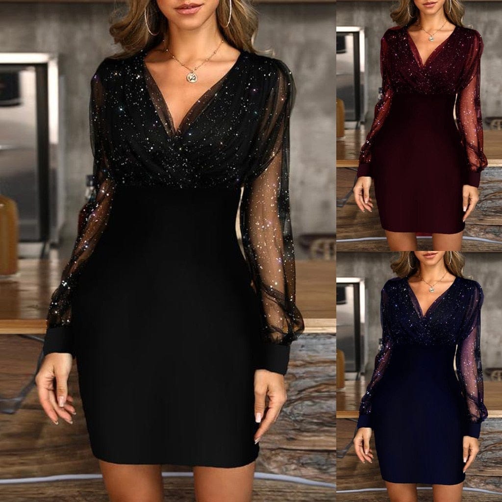 Sequin Dress Women's Ladies Fashion Sexy Mesh V-neck Casual Mini Dress BENNYS 