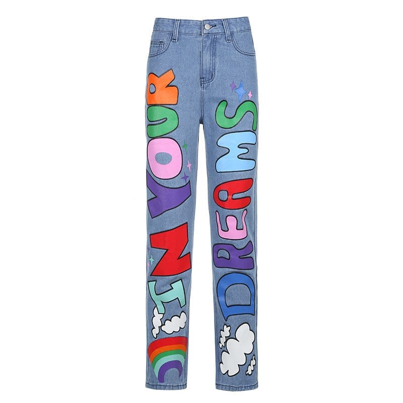 Sexy Contrast Color Letters Graffiti Print Loose Jeans BENNYS 
