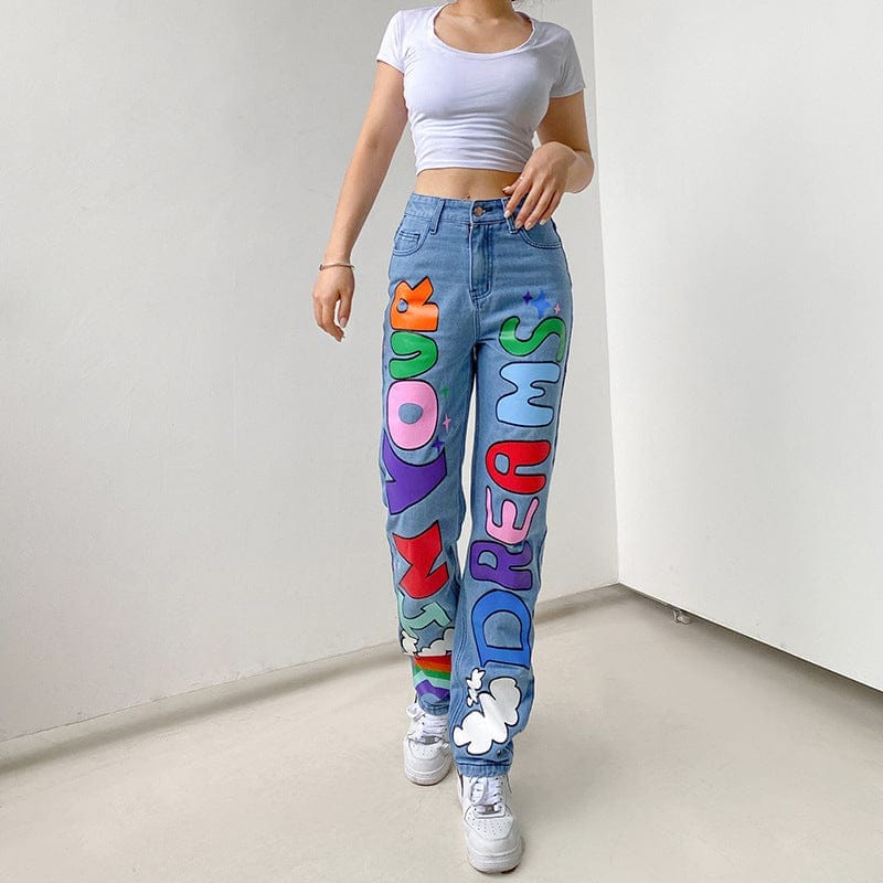 Sexy Contrast Color Letters Graffiti Print Loose Jeans BENNYS 