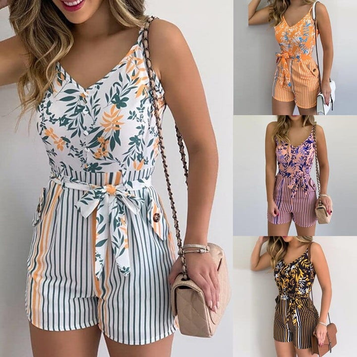 Sexy V-neck Spaghetti Strap Floral Print Women Short Romper BENNYS 