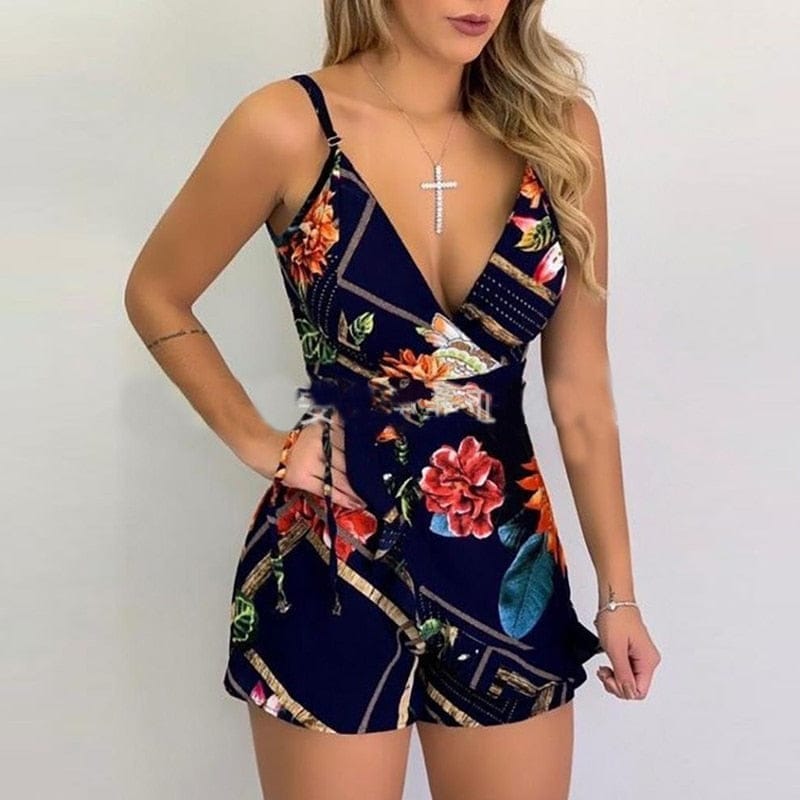 Deep V-neck Spaghetti Straps Backless Print Short Dress