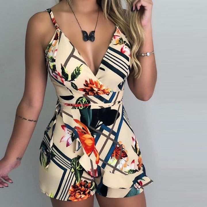 Sexy V-neck Spaghetti Strap Floral Print Women Short Romper BENNYS 