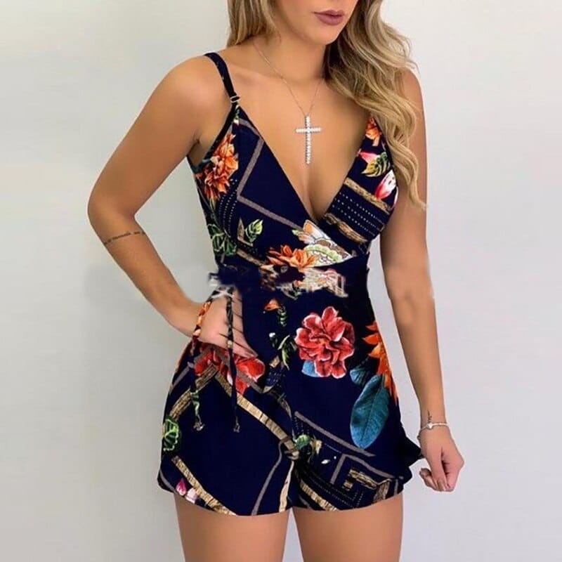 Sexy V-neck Spaghetti Strap Floral Print Women Short Romper BENNYS 