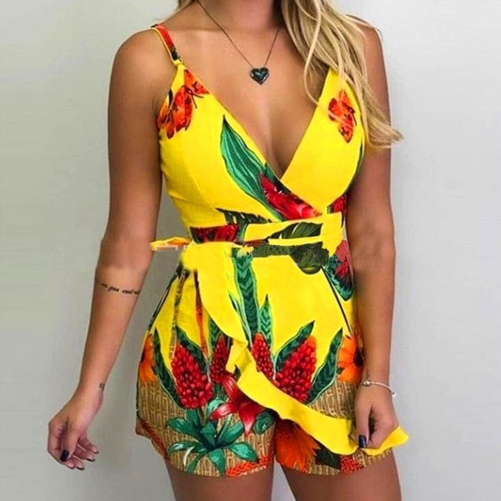 Sexy V-neck Spaghetti Strap Floral Print Women Short Romper BENNYS 