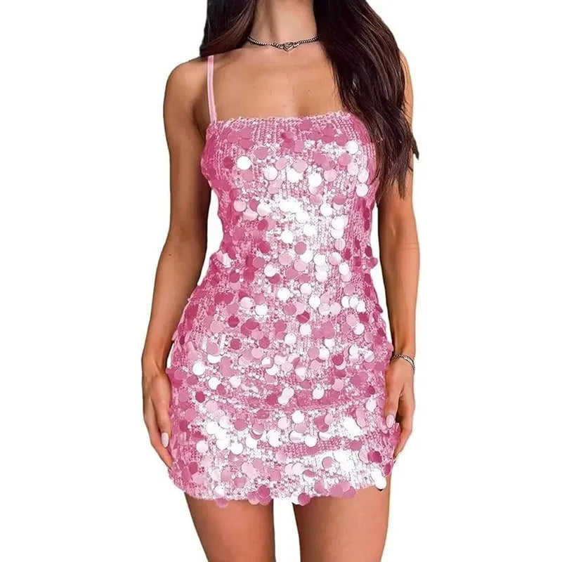 Sequin Square-Neck Spaghetti Strap Bodycon Mini Dress