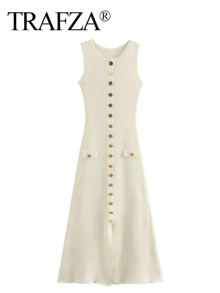 Women Elegant Solid Knitted Dress Single Breasted Dress-Dresses-Bennys Beauty World