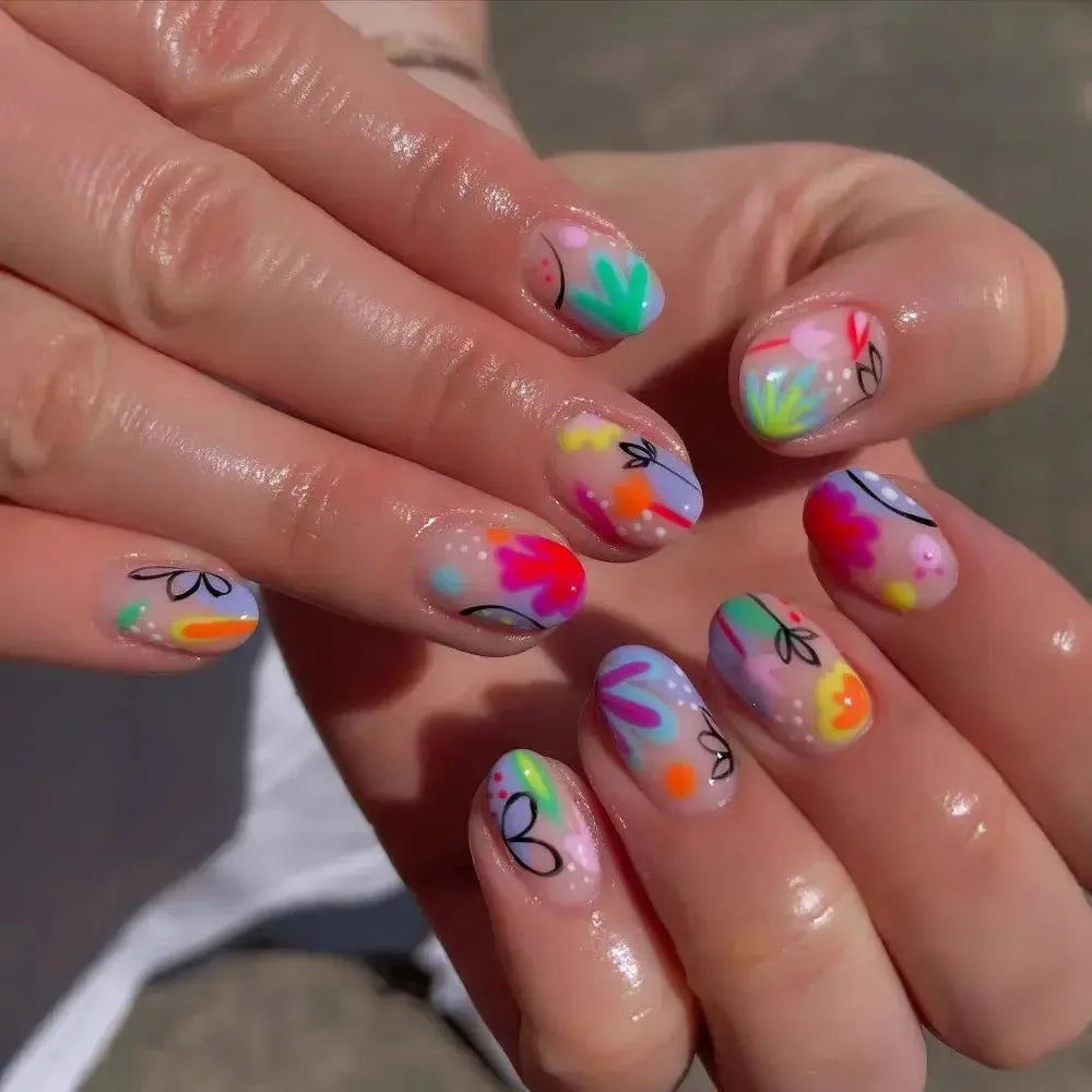 Short Round Press-On Nails – 24 Pcs Cute Line Flower Design Full Cover False Nails-Nails-Bennys Beauty World