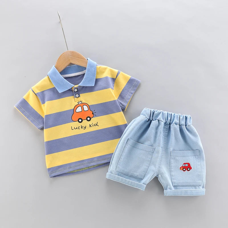 Baby boys Polo Shirt + Handsome Denim Shorts-Outfit Set-Bennys Beauty World