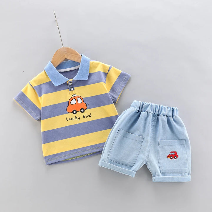Baby boys Polo Shirt + Handsome Denim Shorts-Outfit Set-Bennys Beauty World