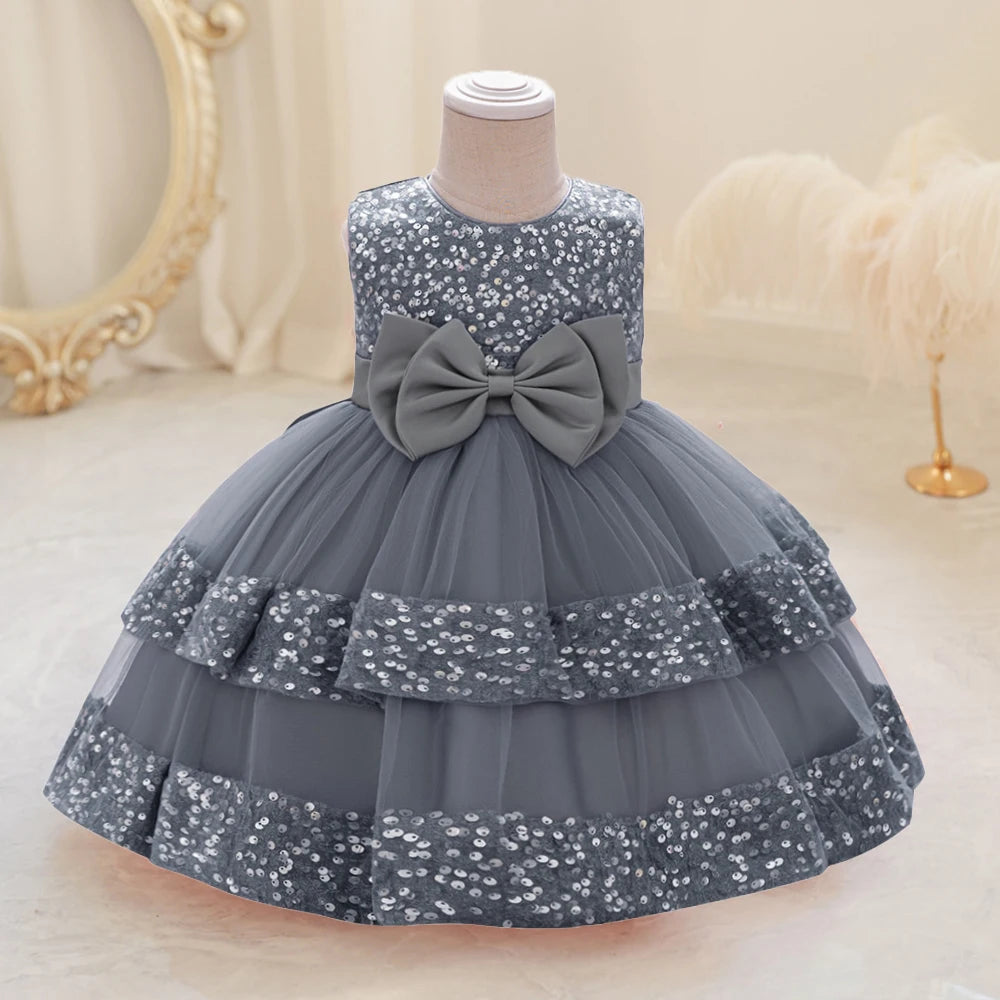 Sequin Bow Baby Girls Party Dresses Toddler 1st Birthday Baptism Dress