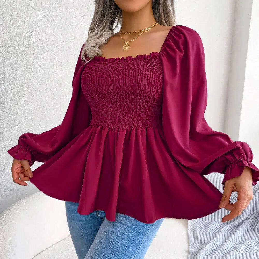 Women Chiffon Blouse 2023 Long Sleeve Casual Ruffles Peplum Top White Red Green Blue Black-Bennys Beauty World