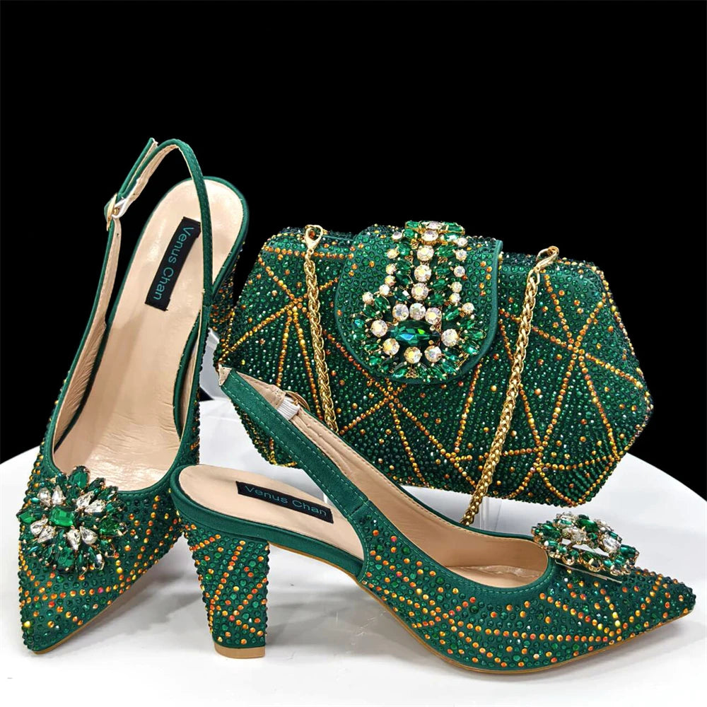 Ladies Italian Design Shoes And Bag Set Decorated with Rhinestone
