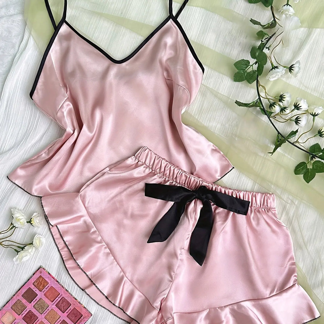 Women's Smooth Satin Pajamas V-Neck T-Shirt Outfit