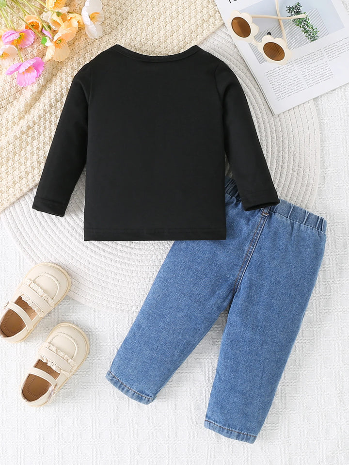 Children's Rainbow Printed Hoodie Long Sleeve T-shirt+Jeans Set