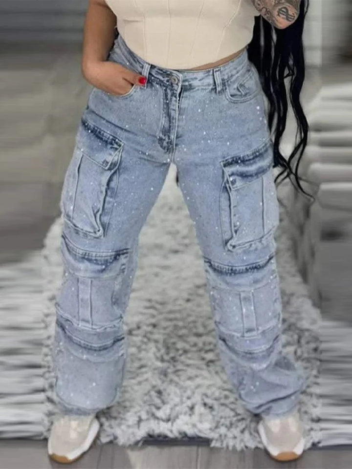 Rhinestones Jeans Women Multiple Pockets High Waist Pants
