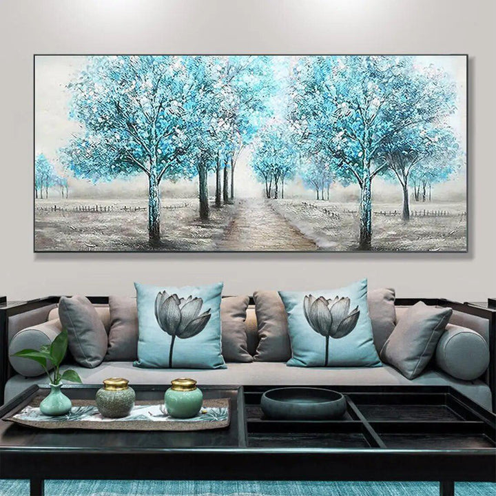 Hand Painted Textured Blue Tower Tree Oil Painting on Canvas Abstract Teal Life Tree Landscape Acrylic Painting Modern Wall Art-Arlik interiors