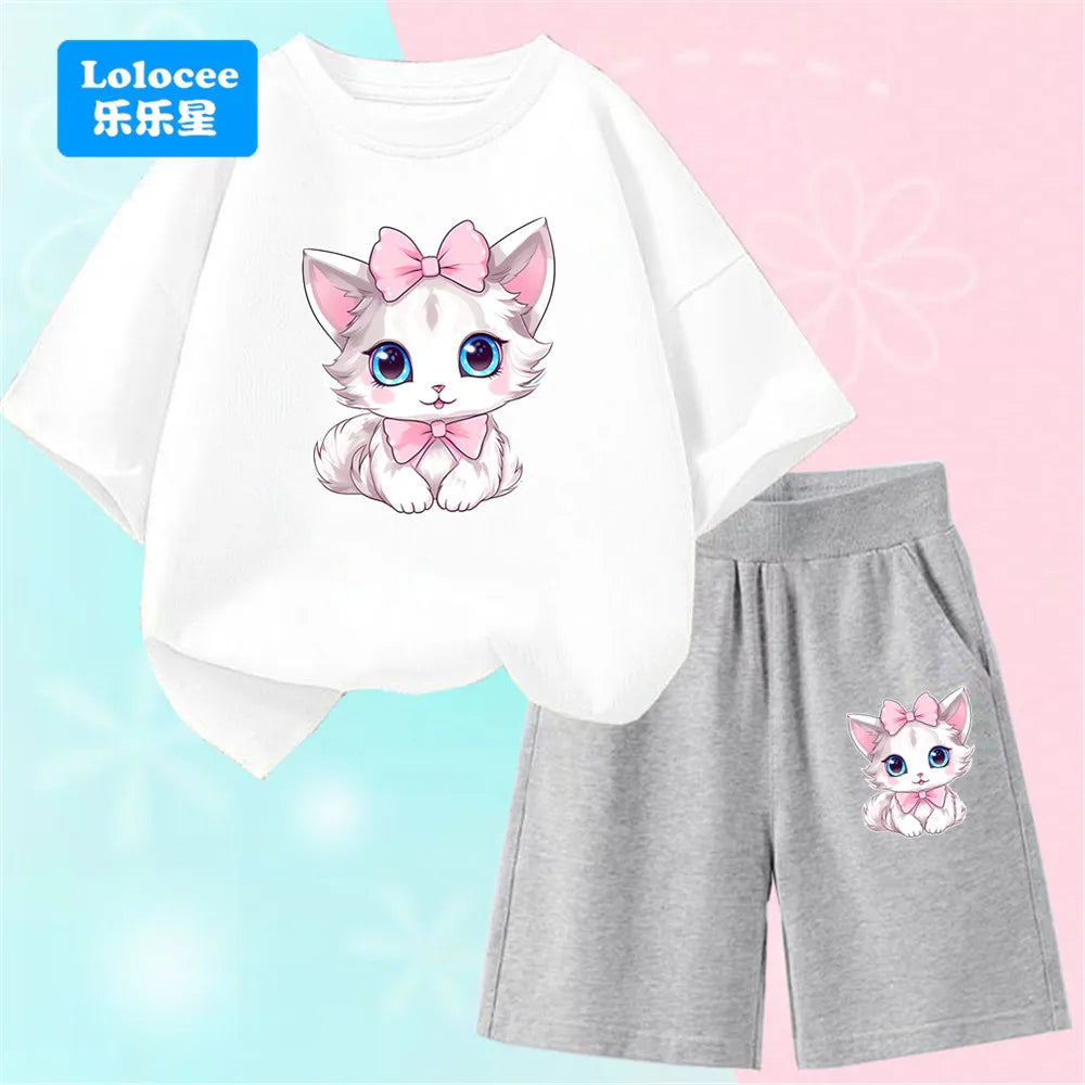 Girls Bow Cat Print T-Shirt &amp; Shorts Set | 2-Piece Summer Outfit | Ages 3–14
