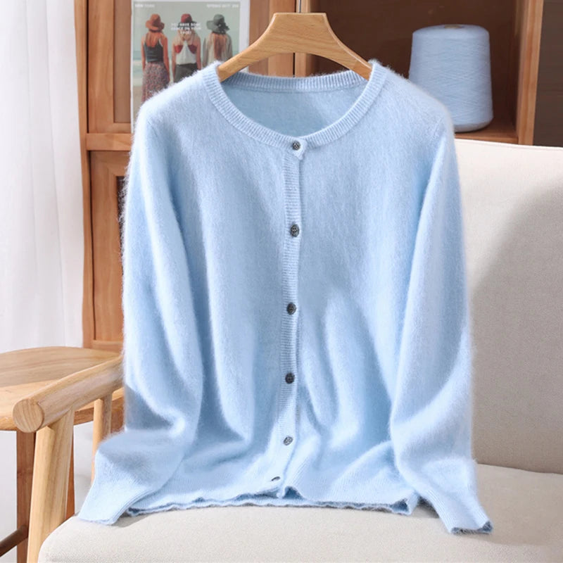 New Women 100% Mink Cashmere Sweater O-Neck Buttons Cardigan Autumn Winter Soft Warm Cable Kint Sweater Casual Long  Sleeve Tops