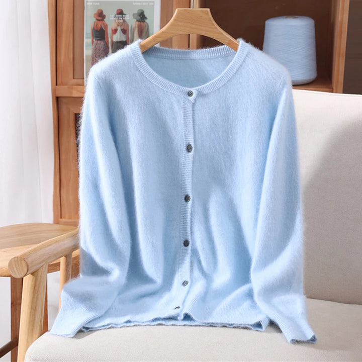 New Women 100% Mink Cashmere Sweater O-Neck Buttons Cardigan Autumn Winter Soft Warm Cable Kint Sweater Casual Long  Sleeve Tops