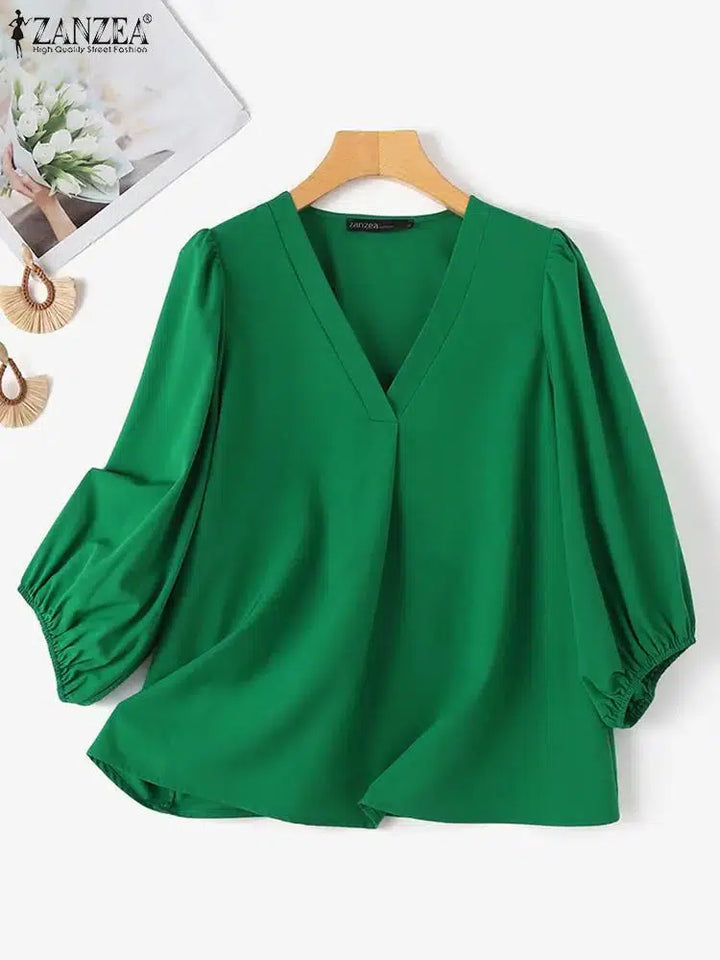 Women Fashion Long Sleeve Blouse ZANZEA Elegant Solid V Neck Shirt Casual Office Lady Tunic Tops Loose Work Blusas Chemise Mujer-Bennys Beauty World