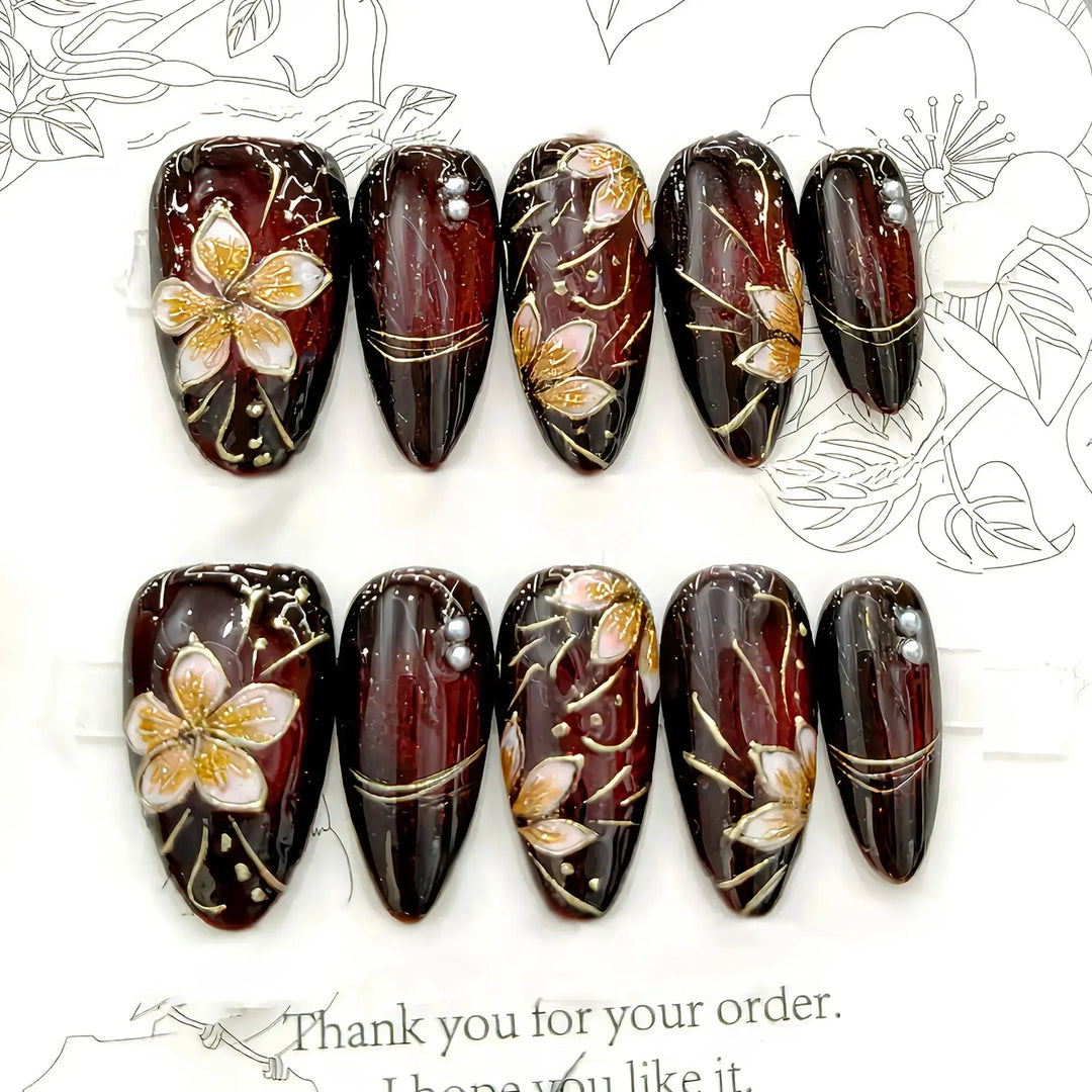 Gradient Pink Almond Press-On Nails – 24 Pcs Flower &amp; Pearl Design False Nails-Nails-Bennys Beauty World