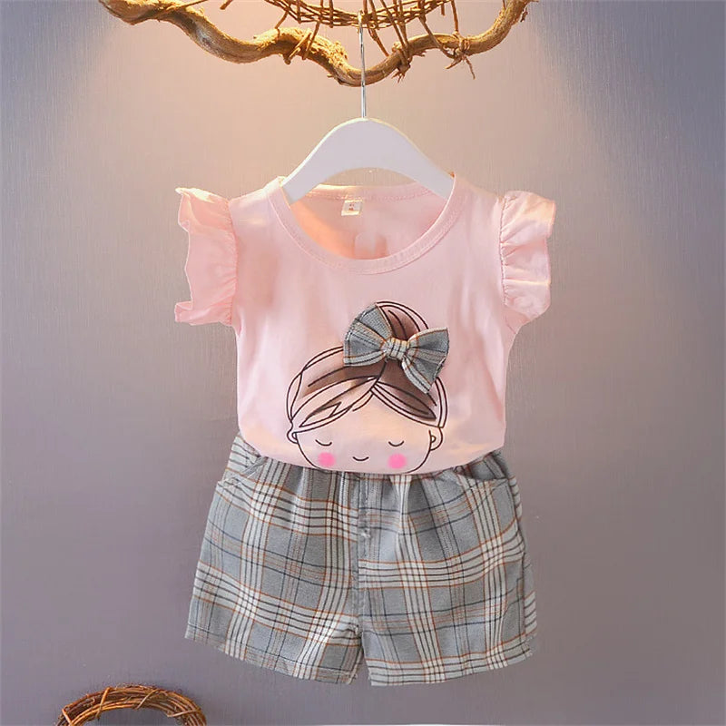Girls Ruffle Sleeve Bow T-Shirt &amp; Plaid Shorts Set | 2-Piece Summer Outfit | Ages 2–7
