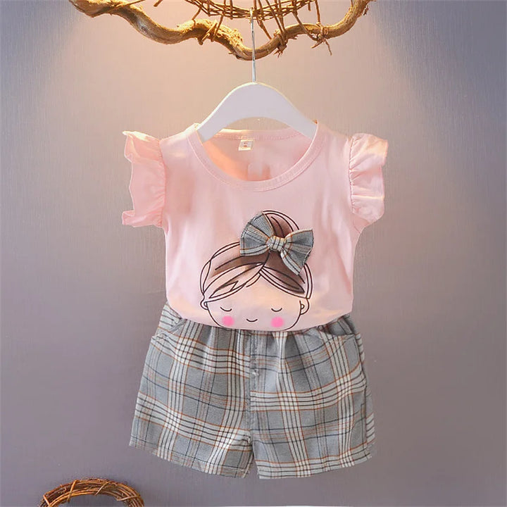 Girls Ruffle Sleeve Bow T-Shirt &amp; Plaid Shorts Set | 2-Piece Summer Outfit | Ages 2–7