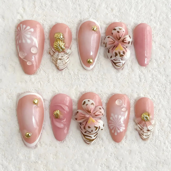 Gradient Pink Almond Press-On Nails – 24 Pcs Flower &amp; Pearl Design False Nails-Nails-Bennys Beauty World
