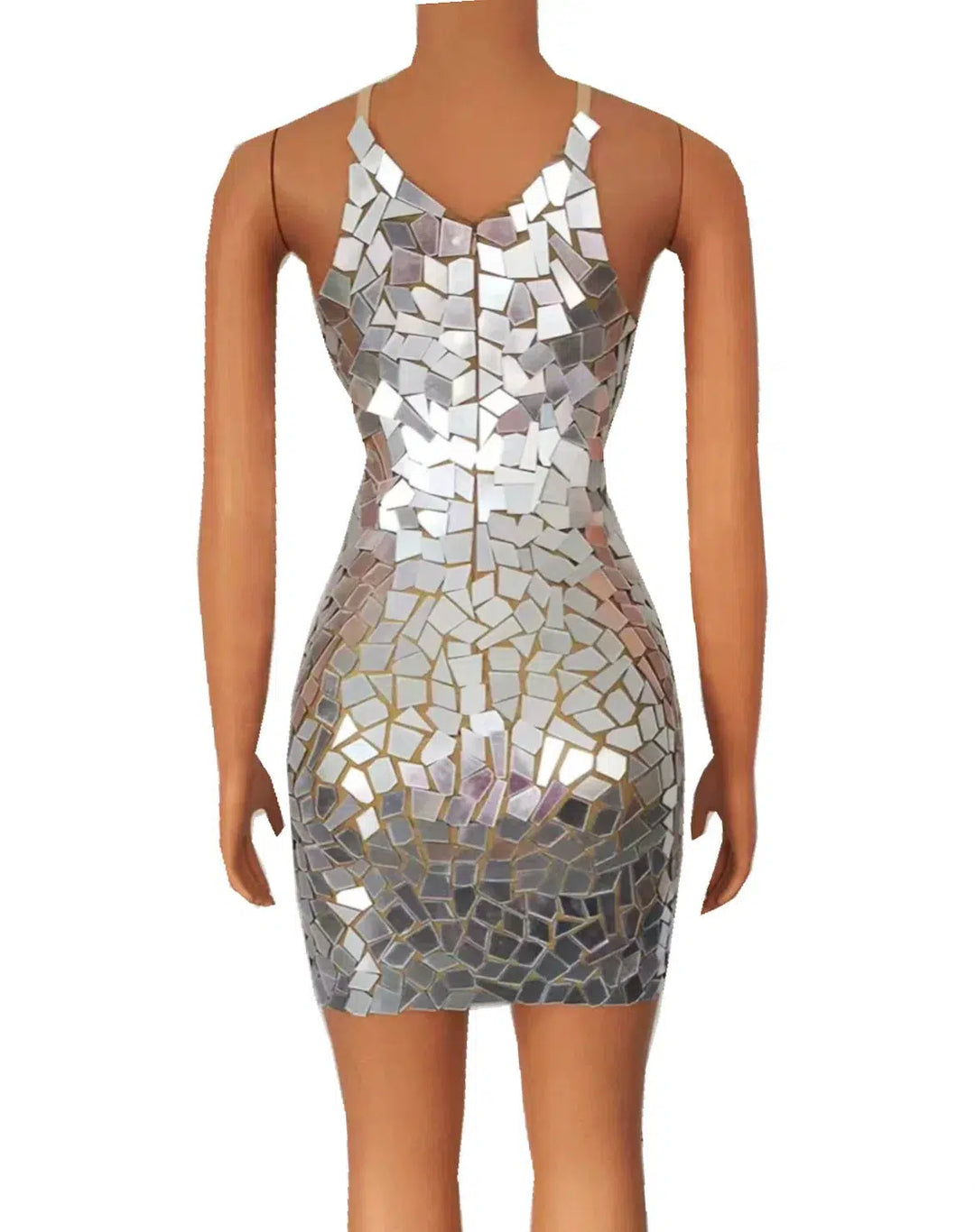 Evening Birthday Celebrate Outfit Party Sexy Costume Dancer Performance Show Clothes Sparkly Silver Mirrors Sleeveless Dress-Bennys Beauty World