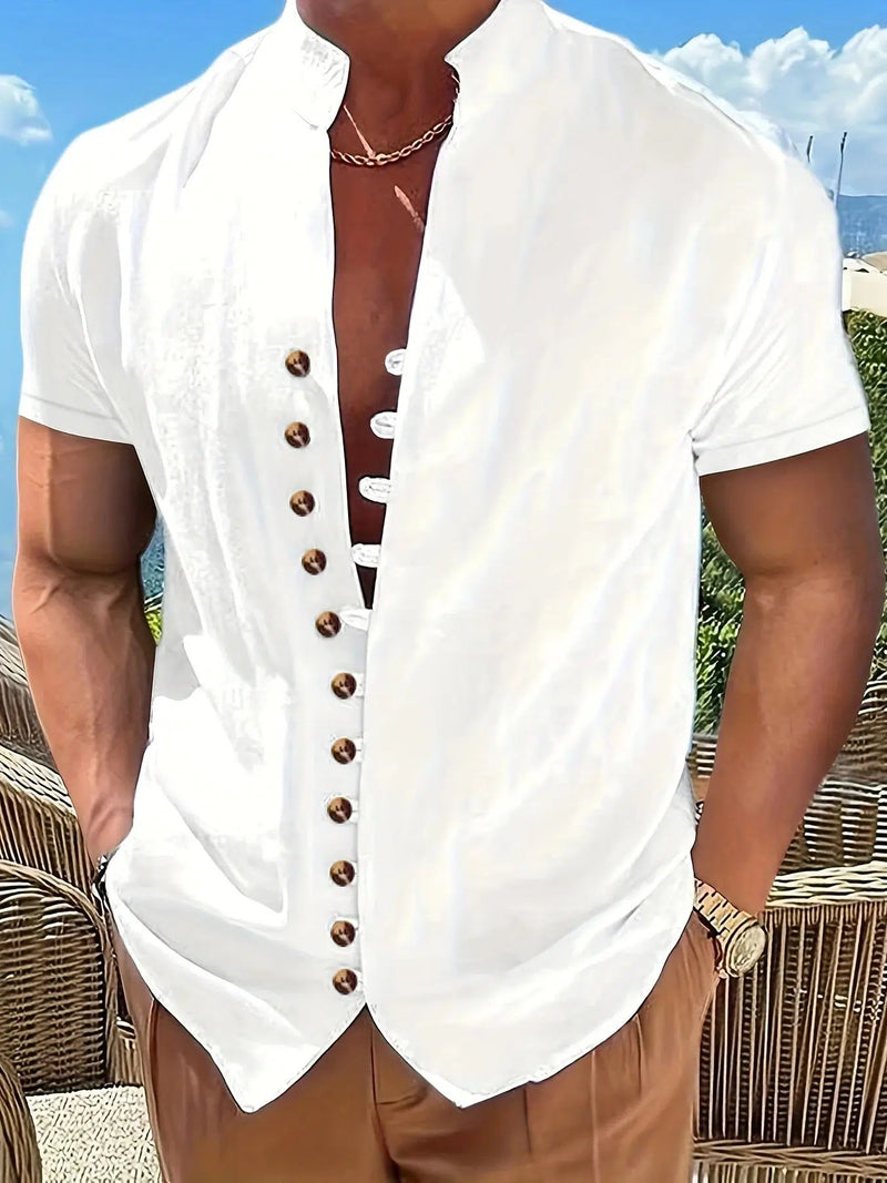 Summer casual short-sleeved shirt men's cotton solid color shirt-shirt-Bennys Beauty World